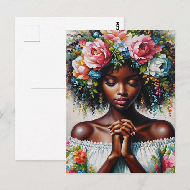 Black Woman Praying Colourful Floral Art Postcard (Front/Back)