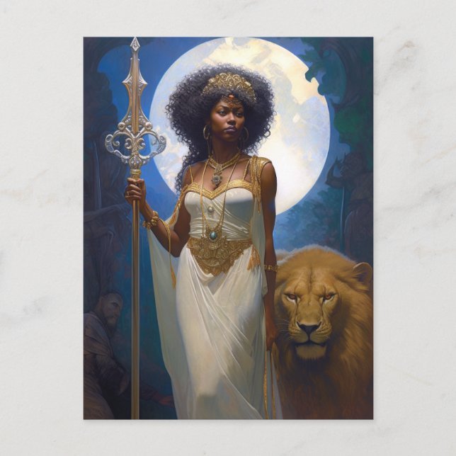 Black Woman Queen With Lion Fantasy Art Postcard (Front)