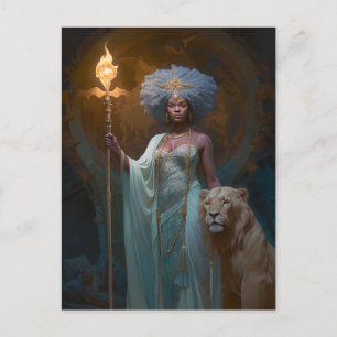Black Woman Queen With Lion Fantasy Art Postcard