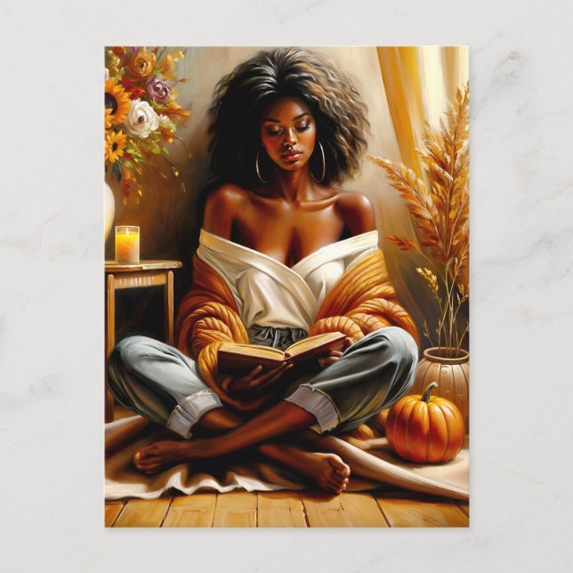 Black Woman Reading Book Autumn Art Postcard (Front)