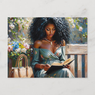 Black Woman Reading - Spring Floral Art Postcard