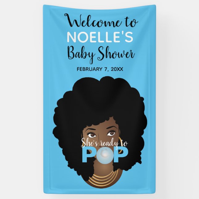 Black Woman, Ready to Pop, Bubblegum, Blue Banner (Vertical)