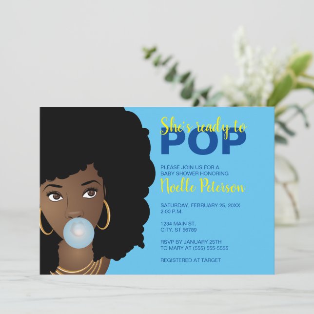 Black Woman, Ready to Pop, Bubblegum, Blue Invitation (Standing Front)