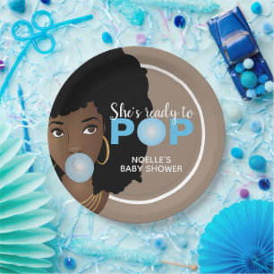 Black Woman, Ready to Pop, Bubblegum, Blue Paper Plate