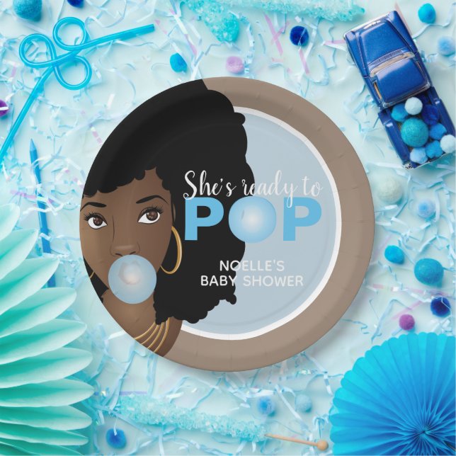 Black Woman, Ready to Pop, Bubblegum, Blue Paper Plate (Party)
