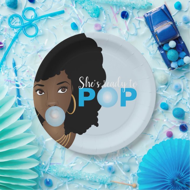 Black Woman, Ready to Pop, Bubblegum, Blue Paper Plate (Party)