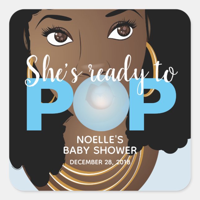Black Woman, Ready to Pop, Bubblegum, Blue Square Sticker (Front)