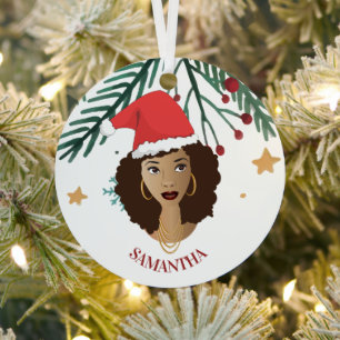 Black Woman, Red Santa Hat Ceramic Ornament