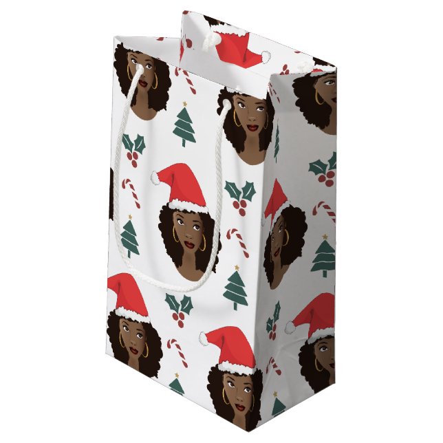 Black Woman, Red Santa Hat, Christmas Pattern Small Gift Bag (Back Angled)