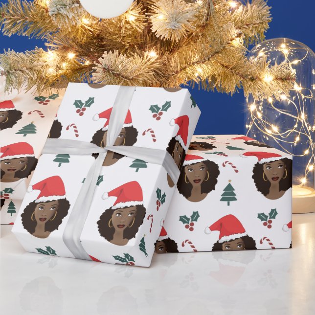 Black Woman, Red Santa Hat, Christmas Pattern Wrapping Paper (Holidays)