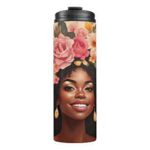 Black woman roses & sunflowers curly afro sista thermal tumbler