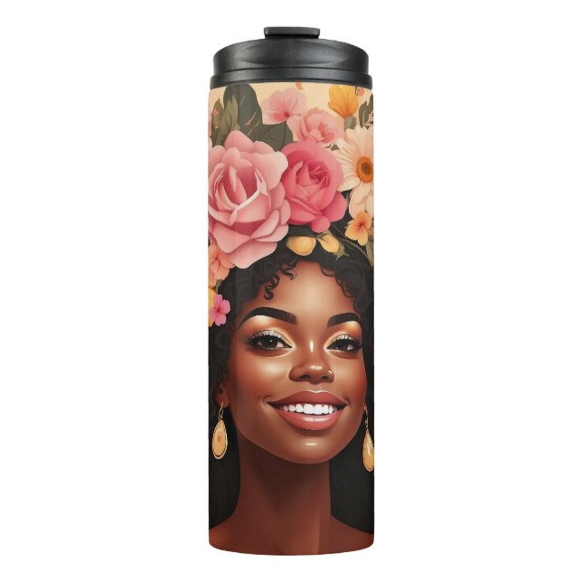 Black woman roses & sunflowers curly afro sista thermal tumbler (Front)