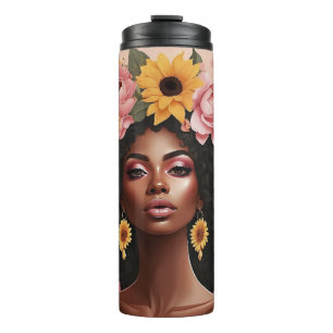 Black woman roses & sunflowers curly afro sista thermal tumbler