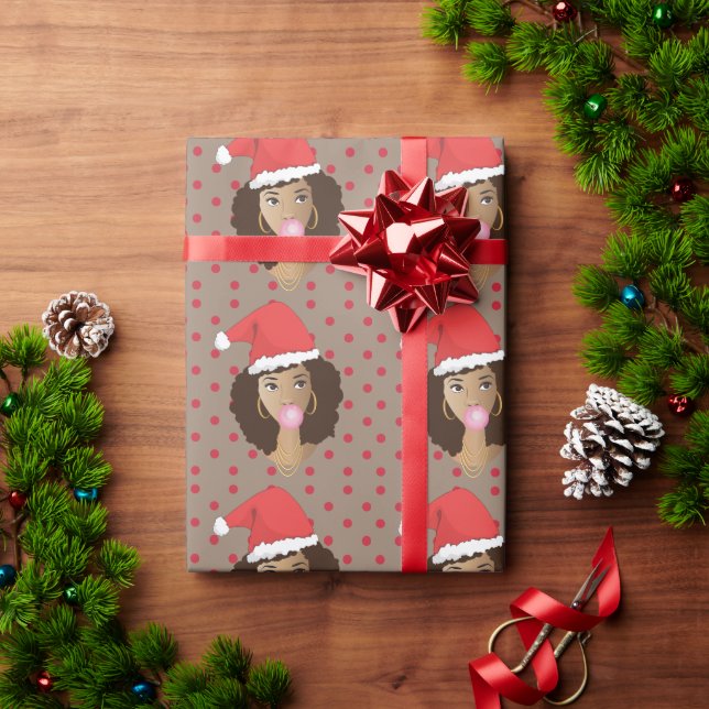 Black Woman, Santa Hat Bubblegum Red Polka Dot Wrapping Paper (Holiday Gift)