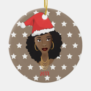 Black Woman, Santa Hat, White Stars Pattern, Brown Ceramic Tree Decoration