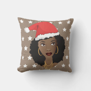 Black Woman, Santa Hat, White Stars Pattern, Brown Cushion