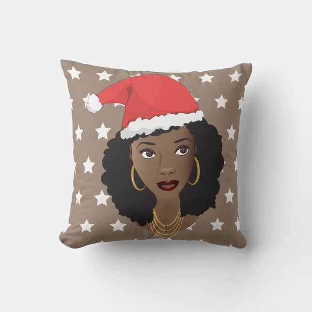 Black Woman, Santa Hat, White Stars Pattern, Brown Cushion (Front)