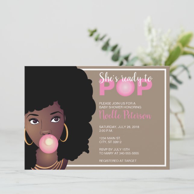Black Woman, She's Ready to Pop, Bubblegum Theme Invitation (Standing Front)