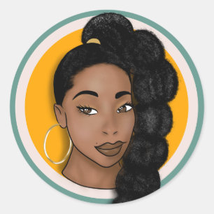 Black woman, Sun Glow, Puff Ponytail Classic Round Sticker