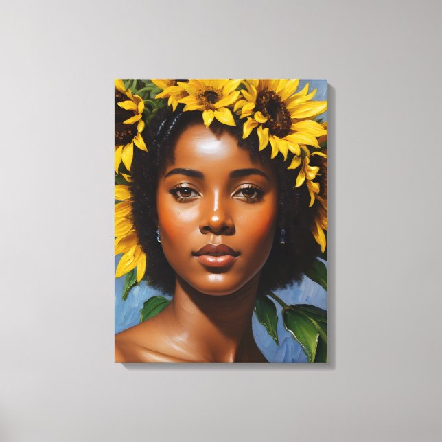 Black Woman Sunflower Portrait Art Canvas Print (Front)