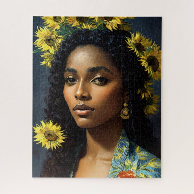 Black Woman Sunflower Portrait Van Gogh Style Jigsaw Puzzle (Vertical)