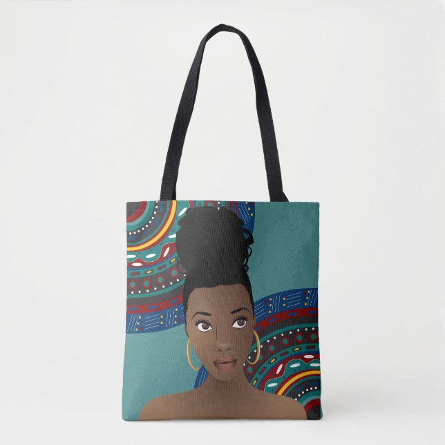 Black Woman, Top Knot, Tribal Inspired, Teal Tote Bag (Front)