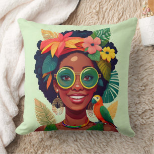 Black Woman, Tropical Flowers & Parrot Cushion