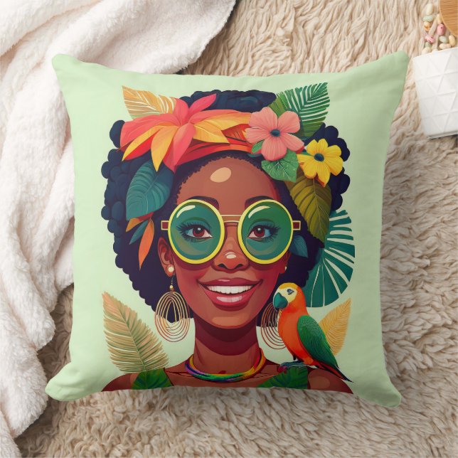 Black Woman, Tropical Flowers & Parrot Cushion (Blanket)