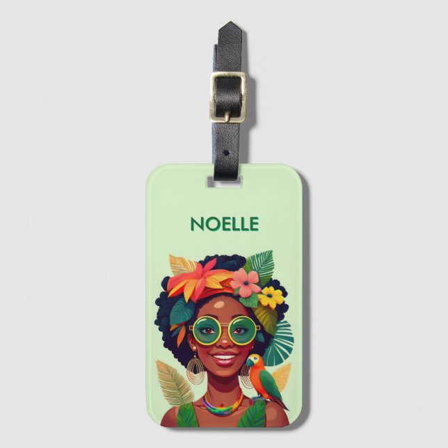Black Woman, Tropical Flowers & Parrot Luggage Tag (Front Vertical)
