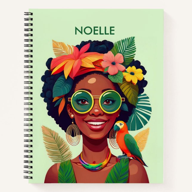 Black Woman, Tropical Flowers & Parrot Notebook (Front)