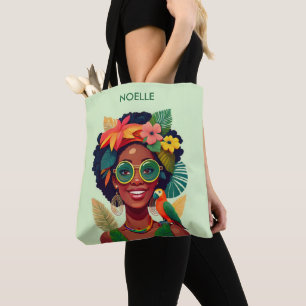 Black Woman, Tropical Flowers & Parrot Tote Bag