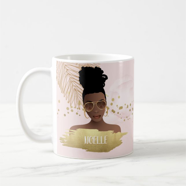 Black Woman, Tropical Gold Leaf & Shades, Pink Coffee Mug (Left)