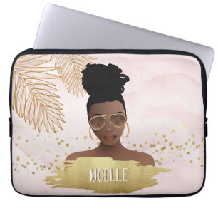 Black Woman, Tropical Gold Leaves & Shades, Pink Laptop Sleeve