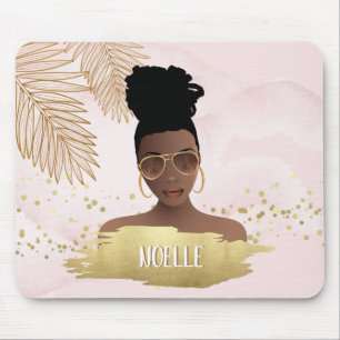 Black Woman, Tropical Gold Leaves & Shades, Pink Mouse Mat