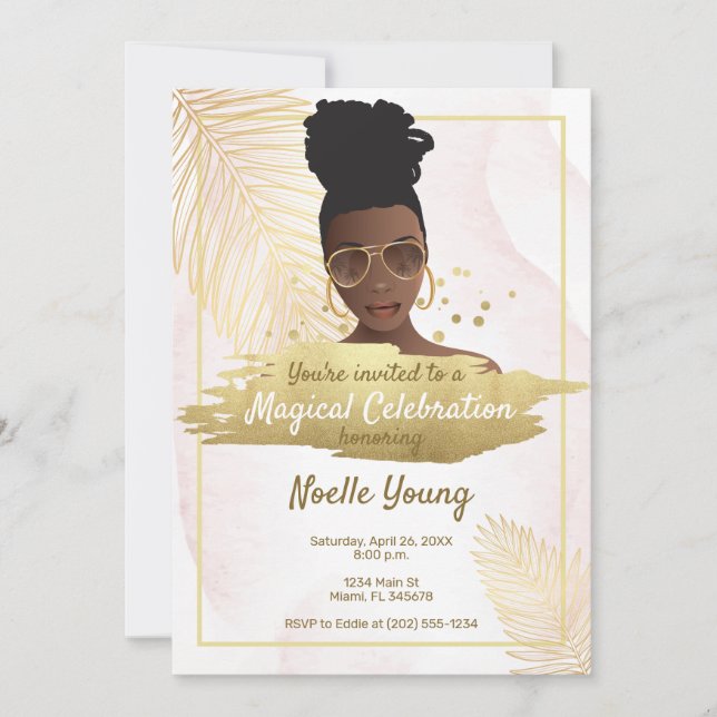 Black Woman, Tropical Golden Pink Birthday Invitation (Front)
