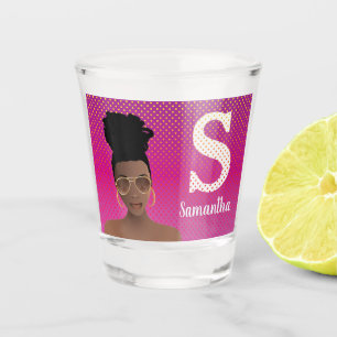 Black Woman w/Shades & High Bun Magenta Polka Dots Shot Glass
