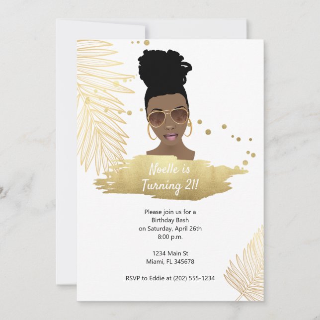 Black Woman w/Shades, Tropical Gold 21st Birthday Invitation (Front)