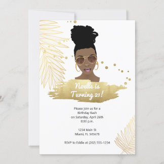 Black Woman w/Shades, Tropical Gold 21st Birthday Invitation