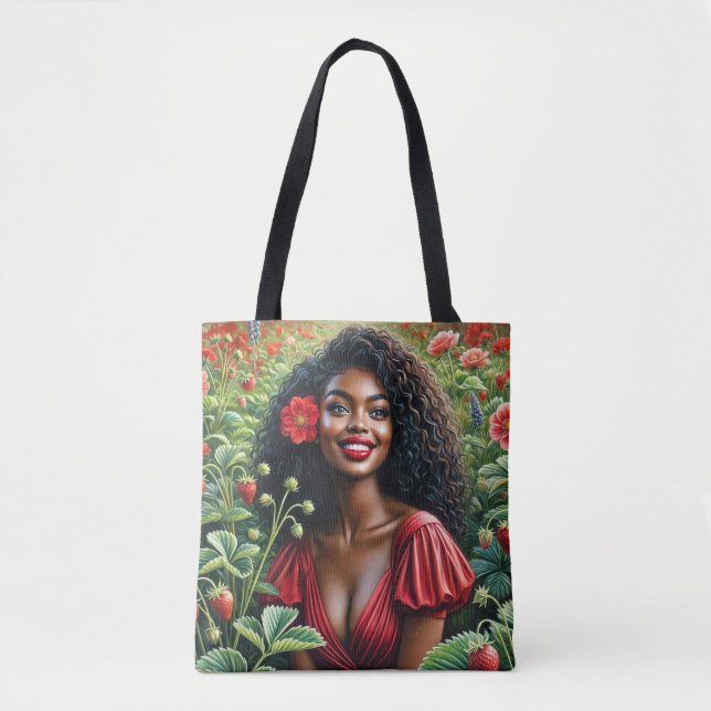 Black Woman Wearing Red In Strawberry Field Tote Bag (Front)