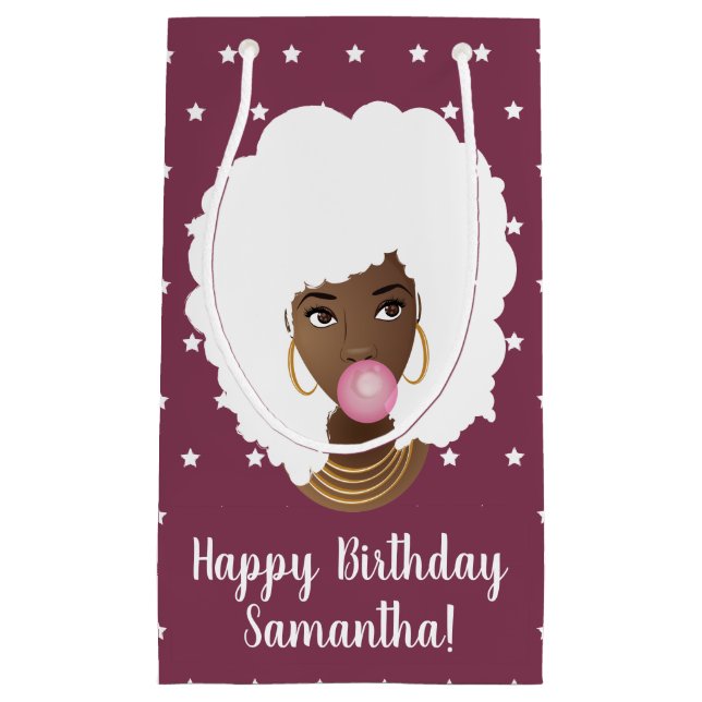 Black Woman White Afro, Bubblegum, Stars, Purple Small Gift Bag (Front)