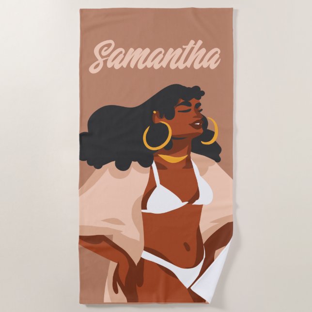Black Woman, White Bikini, Beach Ready Beach Towel (Front)