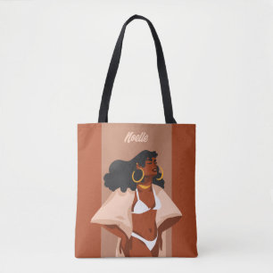 Black Woman, White Bikini, Beach Ready, Brown Tote Bag
