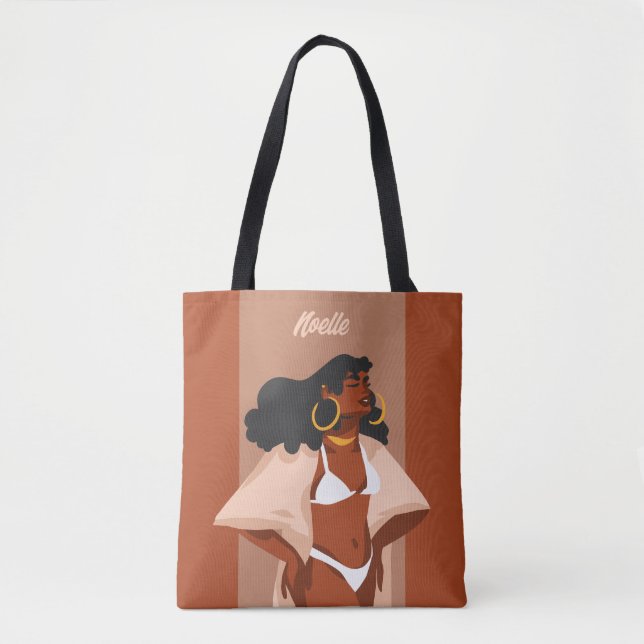 Black Woman, White Bikini, Beach Ready, Brown Tote Bag (Front)