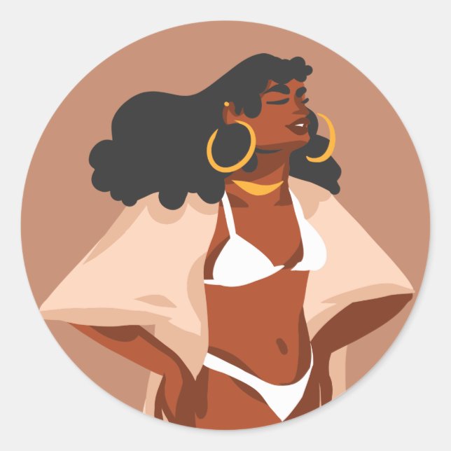 Black Woman, White Bikini, Beach Ready Classic Round Sticker (Front)