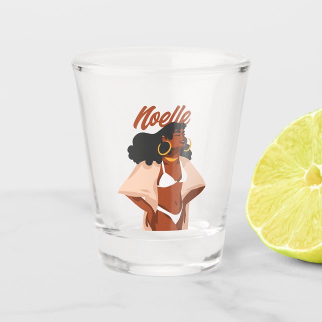 Black Woman, White Bikini, Beach Ready Shot Glass (Front)