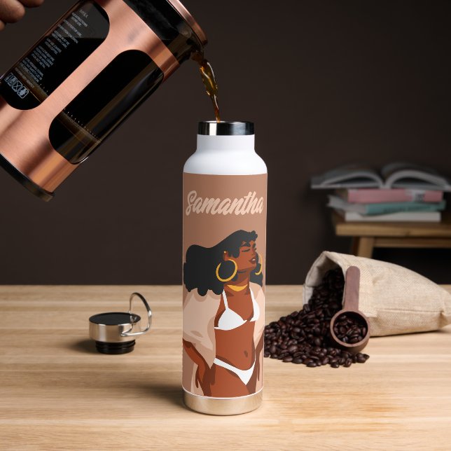 Black Woman, White Bikini, Beach Ready Water Bottle (Coffee)