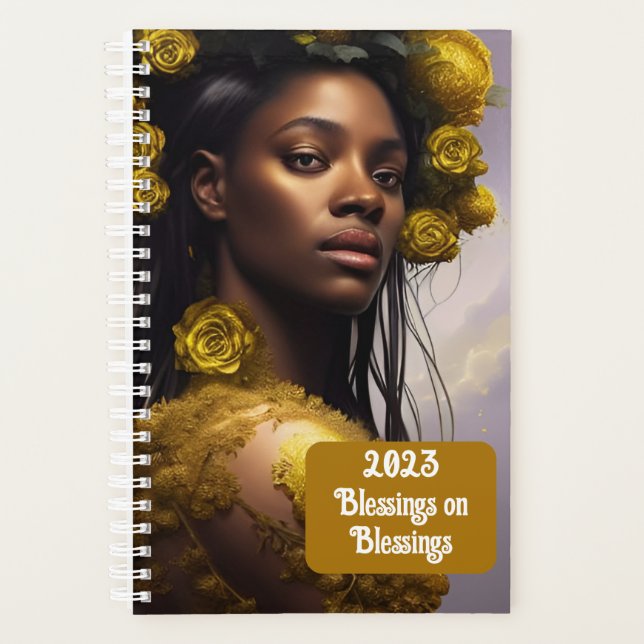 Black woman white roses and gold embellishments planner (Front)
