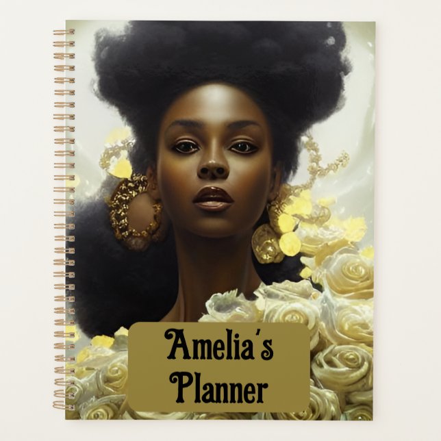 Black woman white roses and gold embellishments planner (Front)