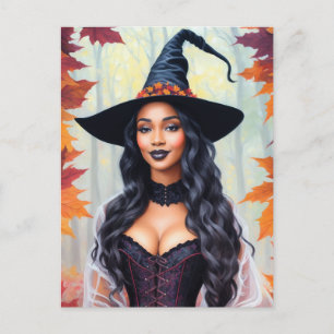 Black Woman Witch Autumn Leaves Postcard