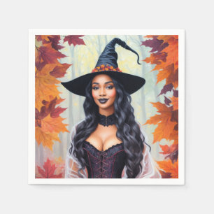 Black Woman Witch Fall Leaves Art Napkin